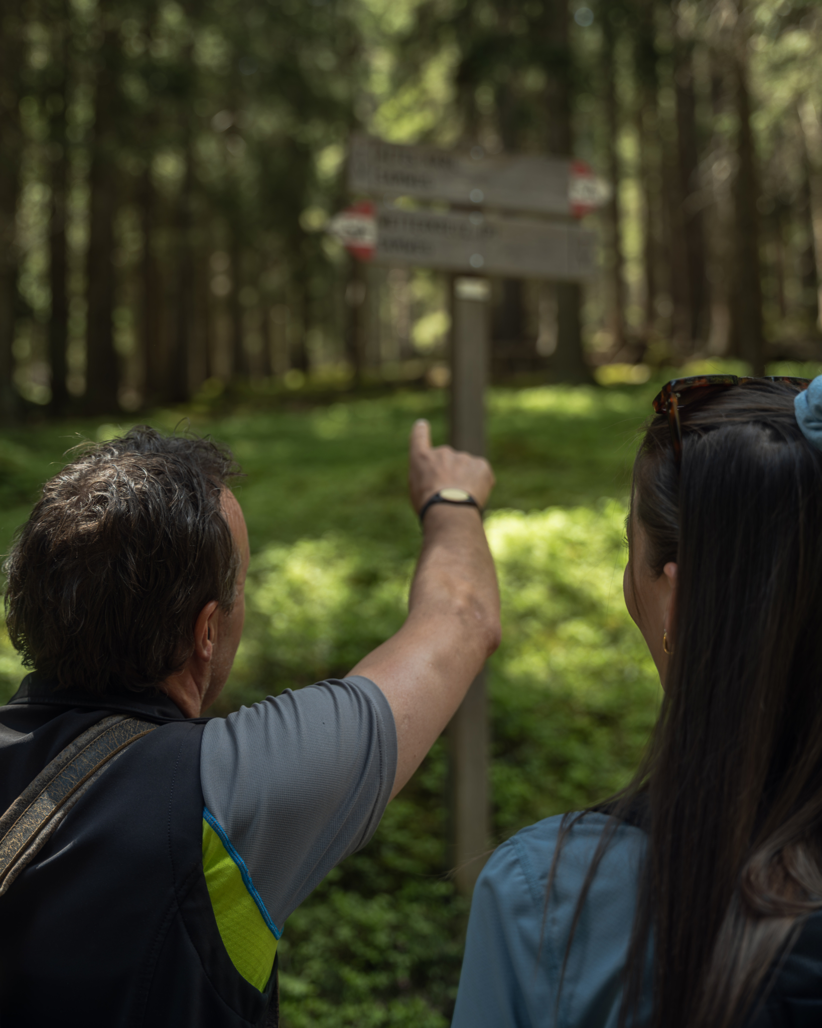 Wanderer betrachten gemeinsam einen Wegweiser im Wald